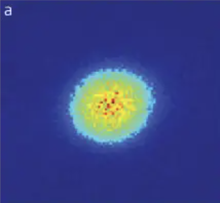 A false-color image of a hydrogen atom’s electron cloud: a single compact blob, brightest at the centre.